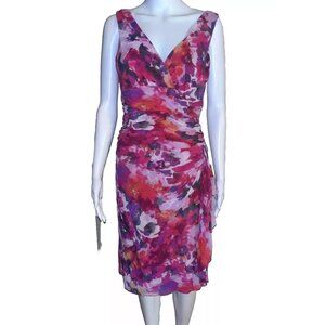 Lauren Ralph Lauren Floral 100% Silk Sleeveless V-Neck Ruched Dress Size 8